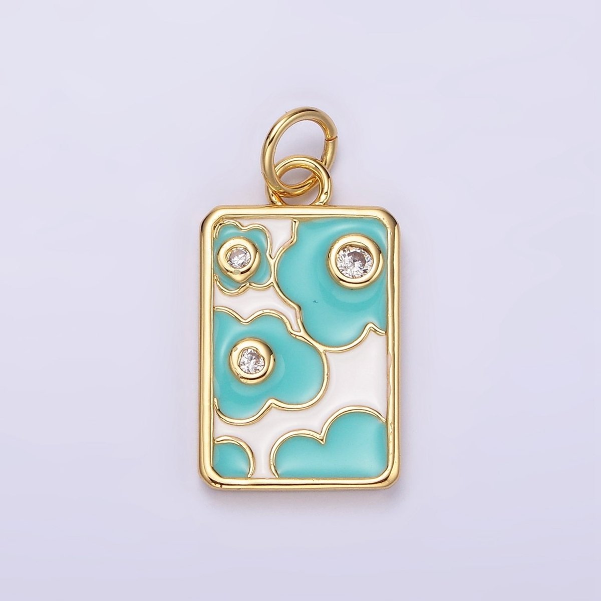 14K Gold Filled Triple Clear CZ Teal Flower Cloud Enamel Rectangular Charm in Gold & Silver | N1547 N1548 - DLUXCA