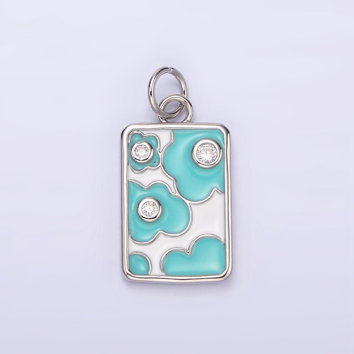 14K Gold Filled Triple Clear CZ Teal Flower Cloud Enamel Rectangular Charm in Gold & Silver | N1547 N1548 - DLUXCA