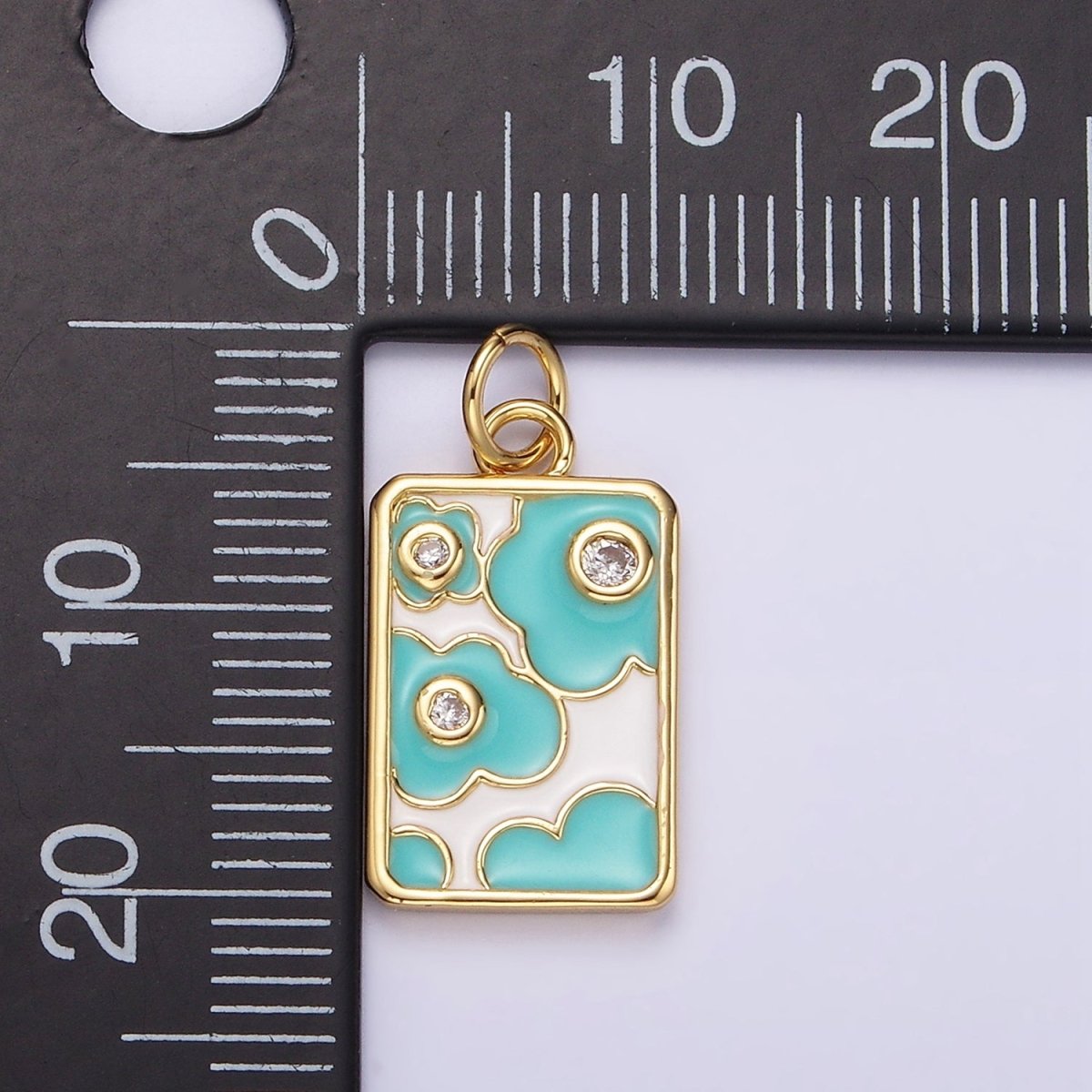 14K Gold Filled Triple Clear CZ Teal Flower Cloud Enamel Rectangular Charm in Gold & Silver | N1547 N1548 - DLUXCA