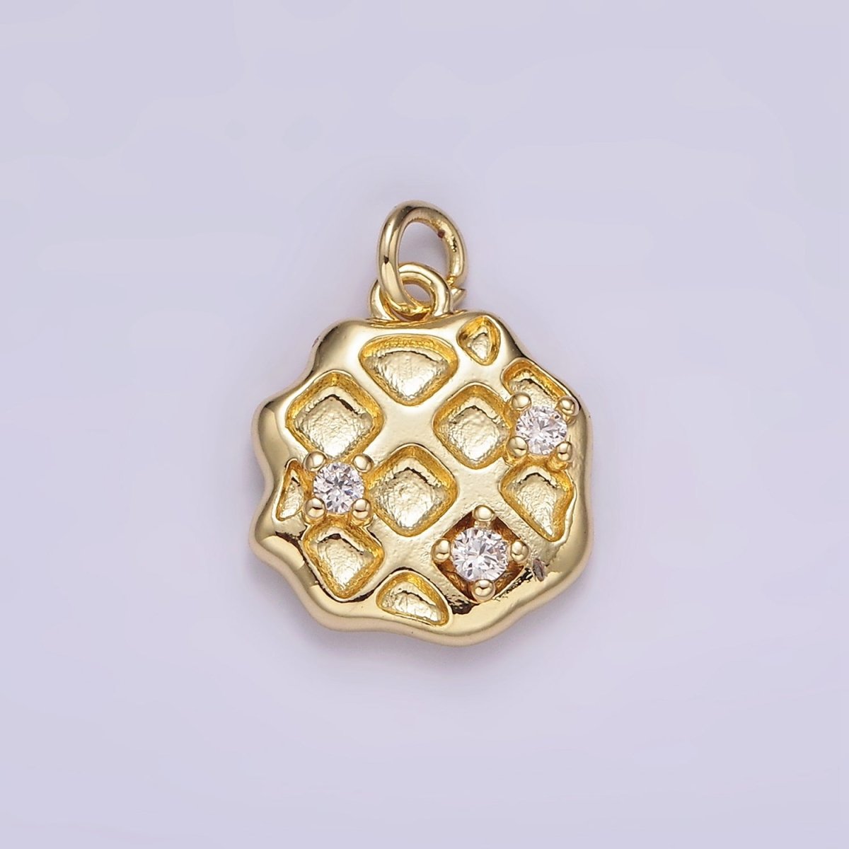 14K Gold Filled Triple Clear CZ Waffle Dented Abstract Round Charm | AG504 - DLUXCA