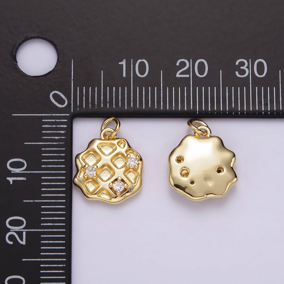 14K Gold Filled Triple Clear CZ Waffle Dented Abstract Round Charm | AG504 - DLUXCA