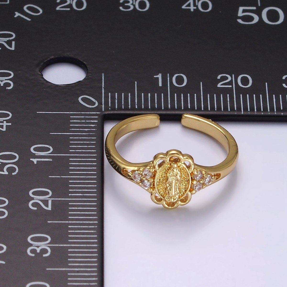 14K Gold Filled Triple CZ Mother Mary Lady Guadalupe Rounded Oval Ring | O1060 - DLUXCA