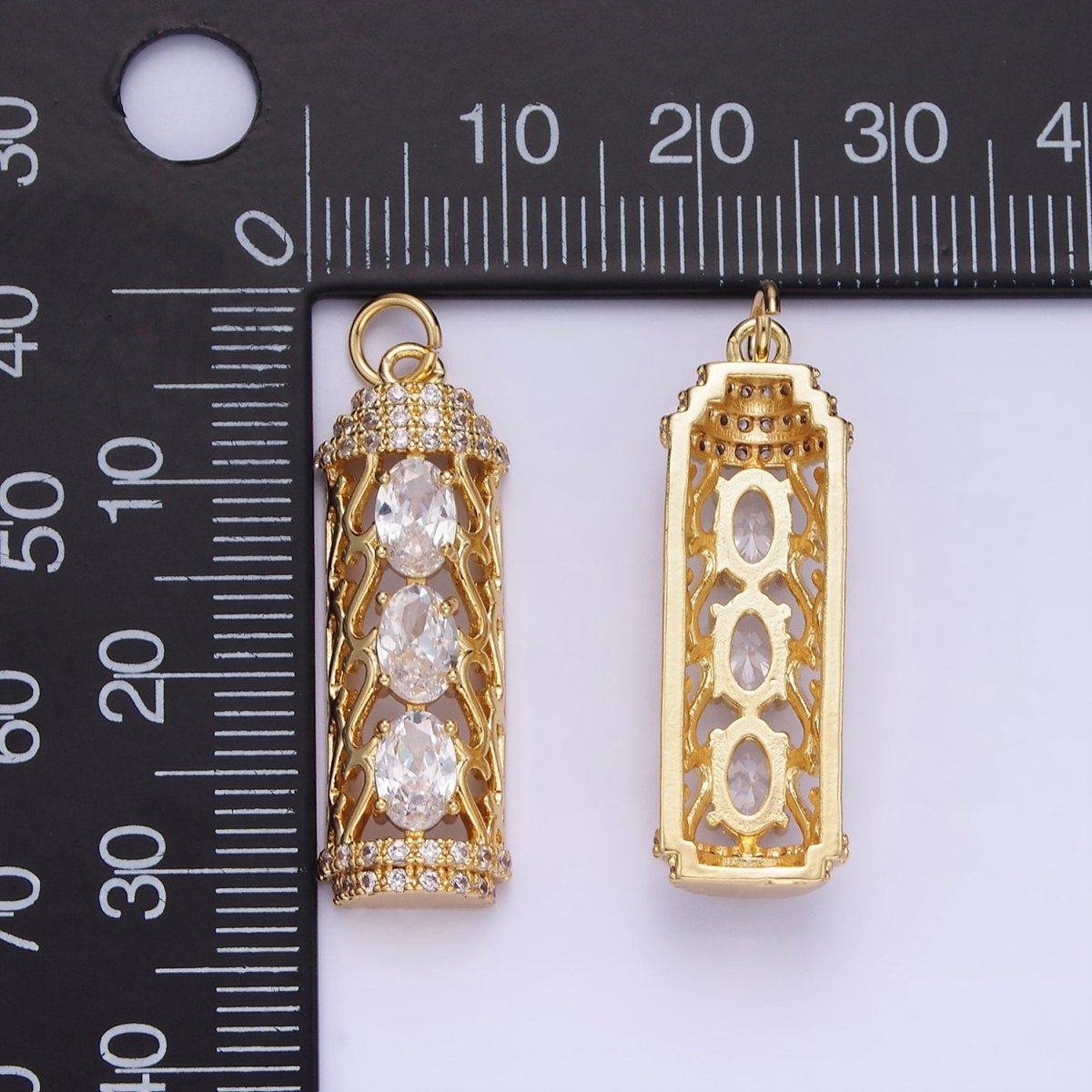 14K Gold Filled Triple Oval CZ Open Filigree Micro Paved Tube Charm | AG620 - DLUXCA