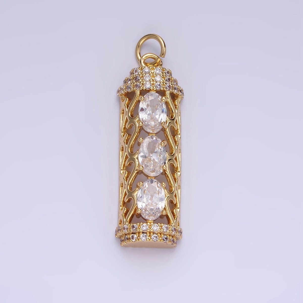 14K Gold Filled Triple Oval CZ Open Filigree Micro Paved Tube Charm | AG620 - DLUXCA
