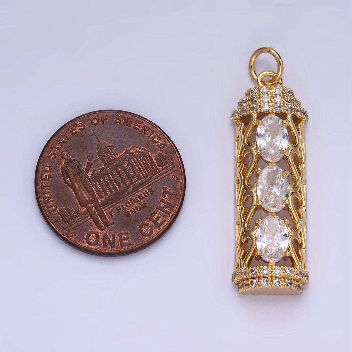 14K Gold Filled Triple Oval CZ Open Filigree Micro Paved Tube Charm | AG620 - DLUXCA