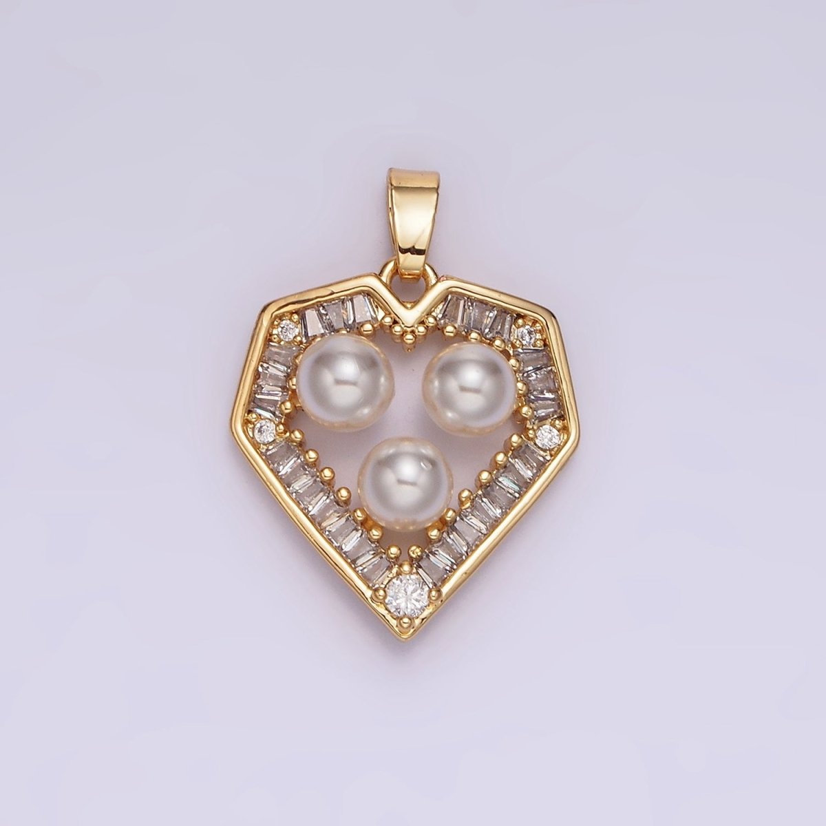 14K Gold Filled Triple Pearl Clear Baguette Outline Heart Pendant in Gold & Silver | N1821 N1822 - DLUXCA