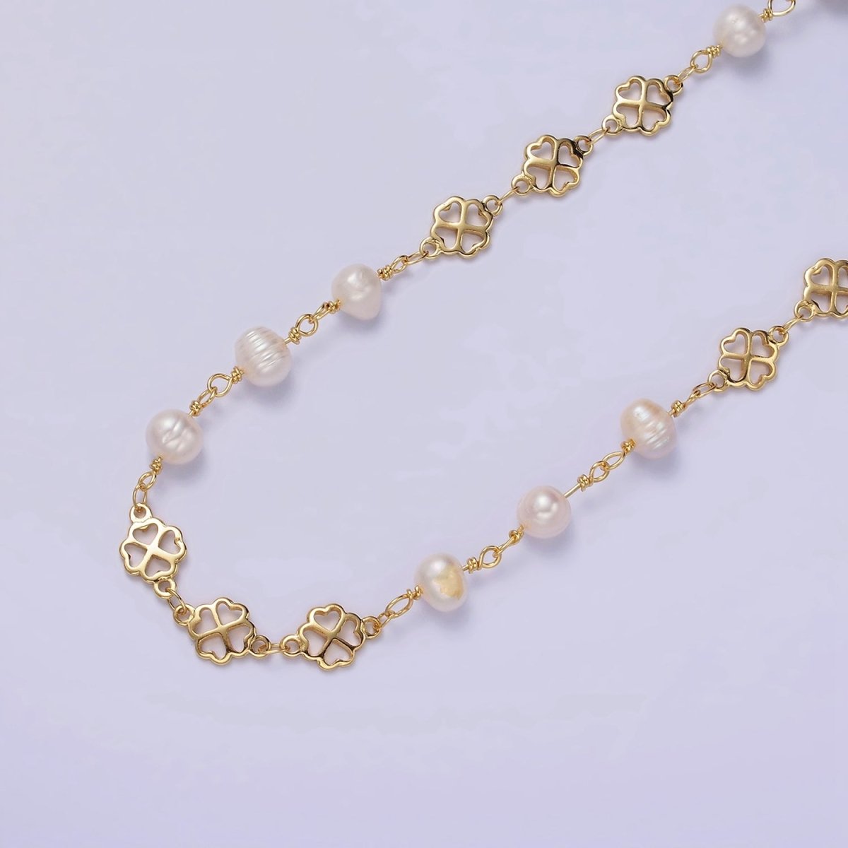 14K Gold Filled Triple Ringed Button White Freshwater Pearl Clover Heart Petal Unfinished Designed Chain For Jewelry Making | ROLL-1409 Clearance Pricing - DLUXCA