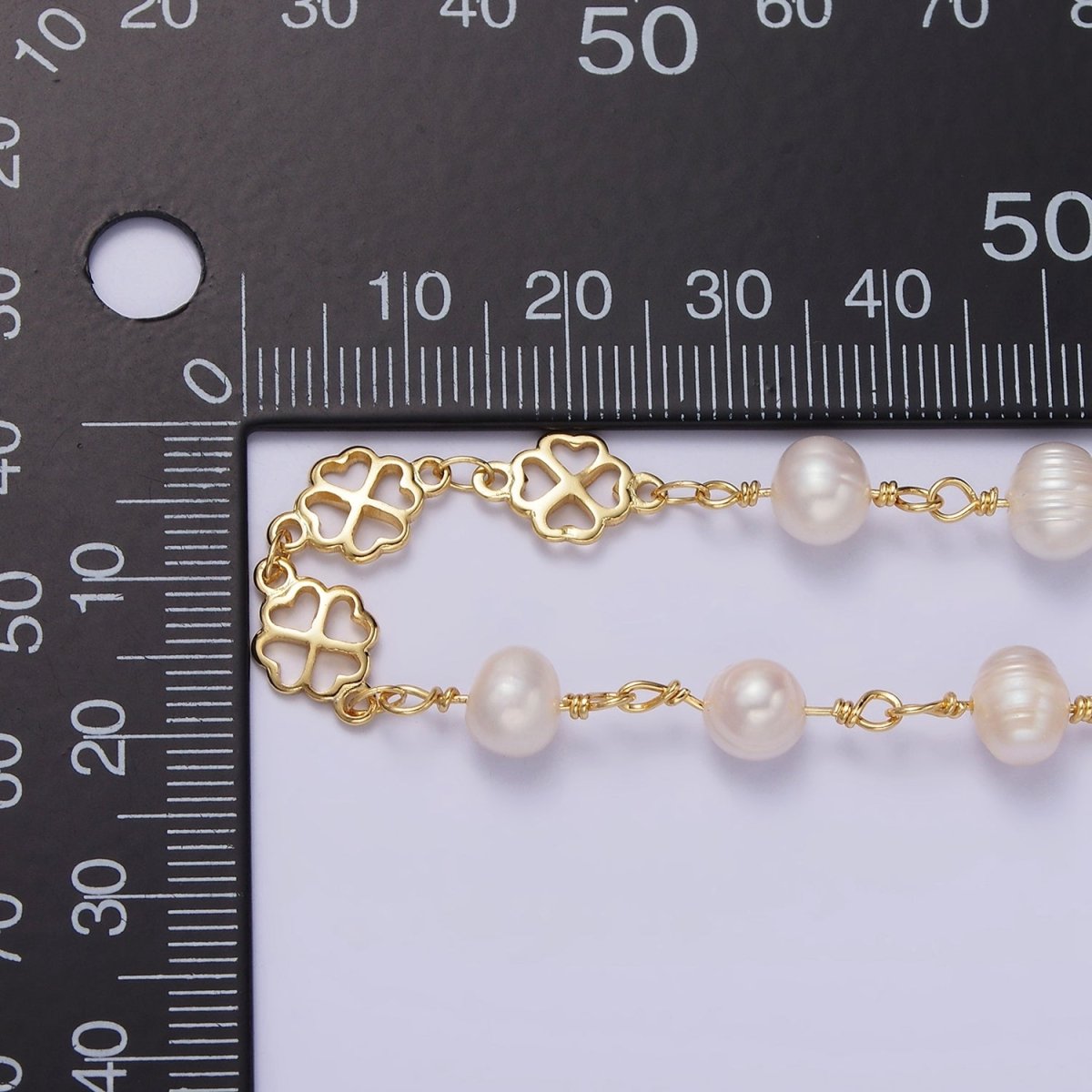 14K Gold Filled Triple Ringed Button White Freshwater Pearl Clover Heart Petal Unfinished Designed Chain For Jewelry Making | ROLL-1409 Clearance Pricing - DLUXCA