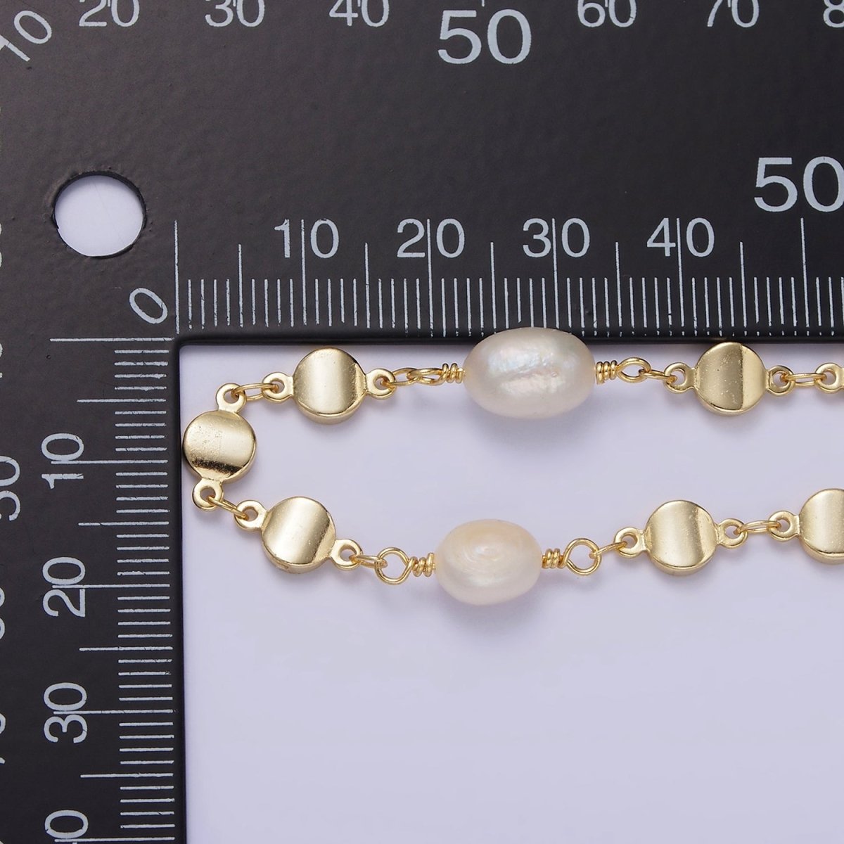 14K Gold Filled Triple Round Disc White Freshwater Pearl Designed Unfinished Chain For Jewelry Making | ROLL-1411 Clearance Pricing - DLUXCA