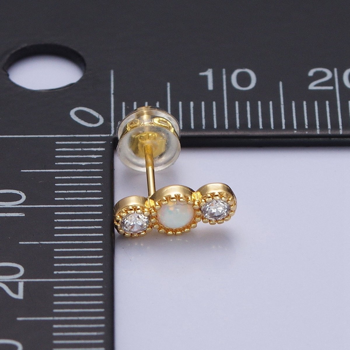 14K Gold Filled Triple Round White Opal Clear Cubic Zirconia Stud Earrings | Y087 - DLUXCA