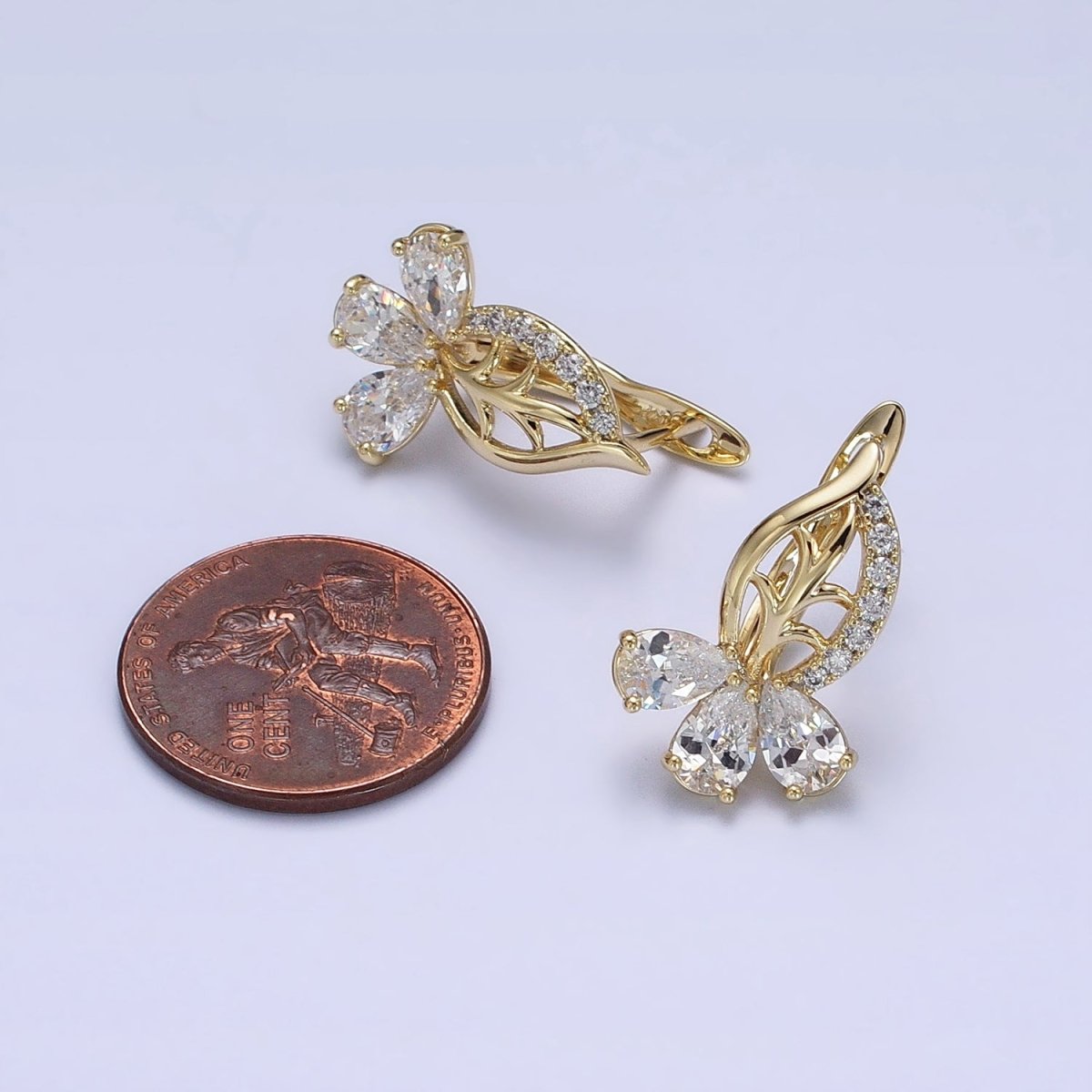 14K Gold Filled Triple Teardrop Micro Paved CZ Leaf English Lock Earrings | AD1438 - DLUXCA