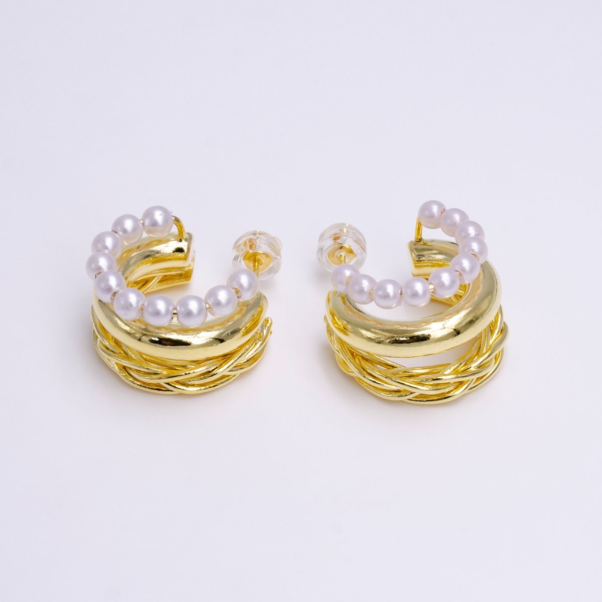 14K Gold Filled Triple Twisted Pearl 20mm C-Shaped Hoop Earrings in Gold & Silver | AE797 AE798 - DLUXCA