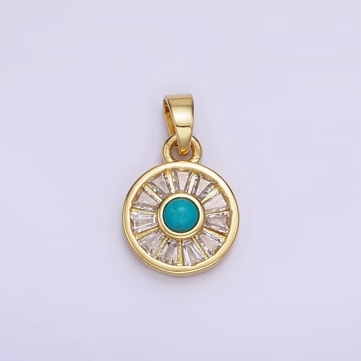 14K Gold Filled Turquoise Baguette CZ Lined Round Pendant | AH163 - DLUXCA