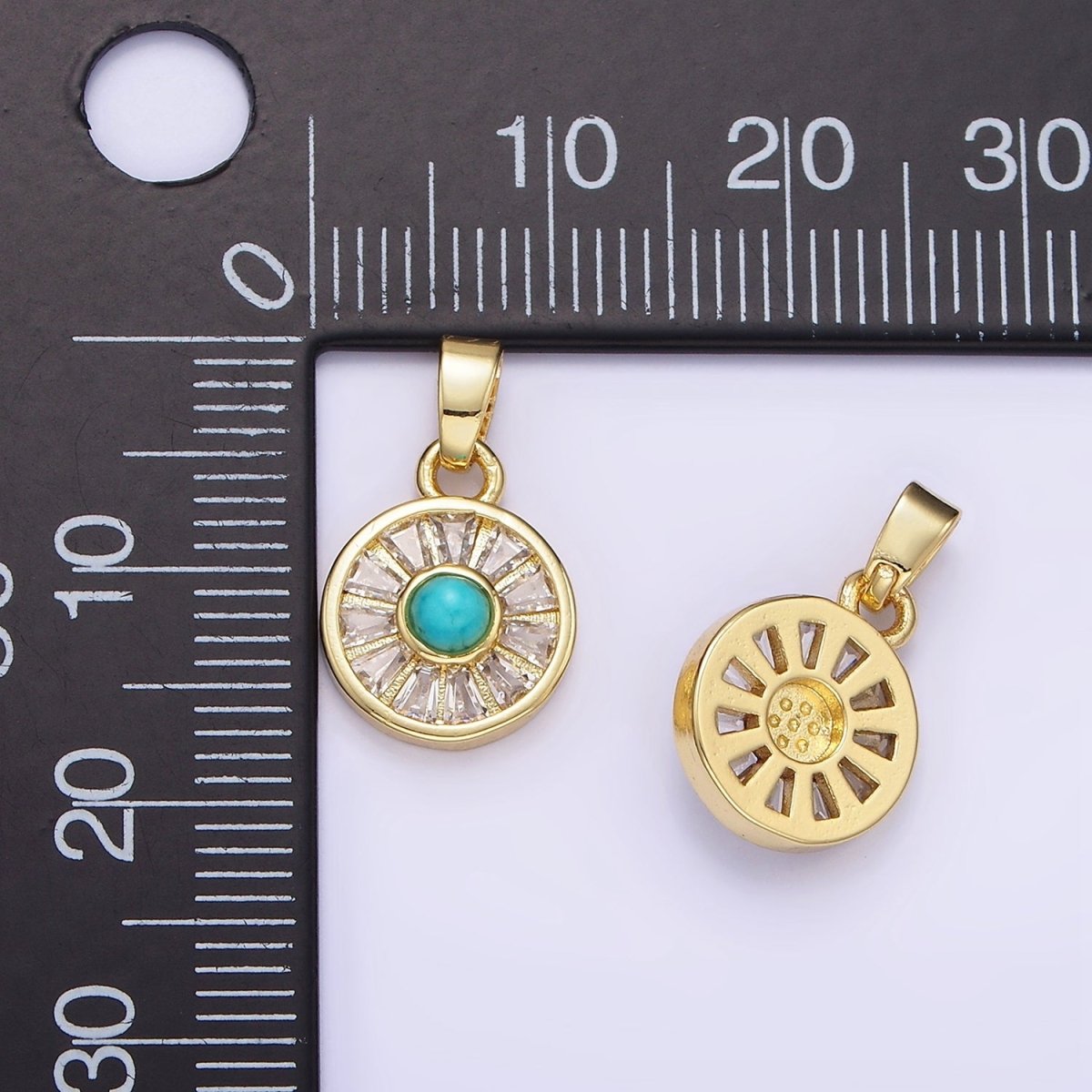14K Gold Filled Turquoise Baguette CZ Lined Round Pendant | AH163 - DLUXCA