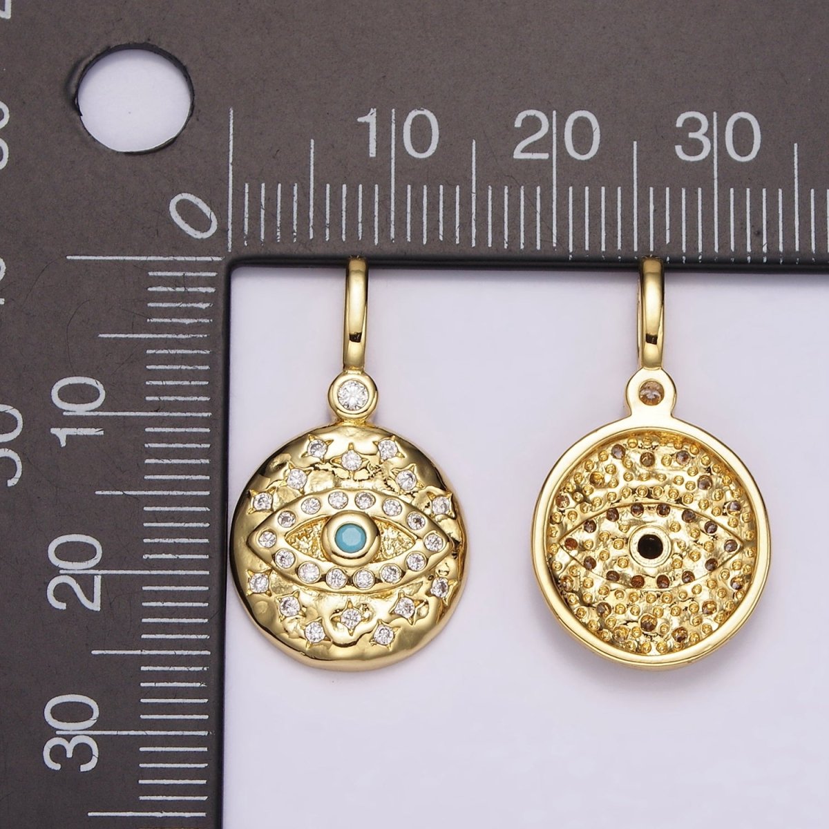 14K Gold Filled Turquoise, Black CZ Evil Eye Celestial Star Hammered Round Pendant | AH085 AH086 - DLUXCA