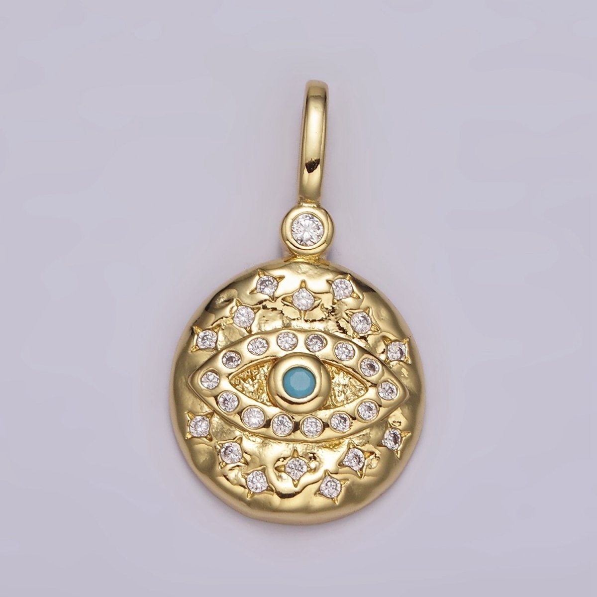 14K Gold Filled Turquoise, Black CZ Evil Eye Celestial Star Hammered Round Pendant | AH085 AH086 - DLUXCA