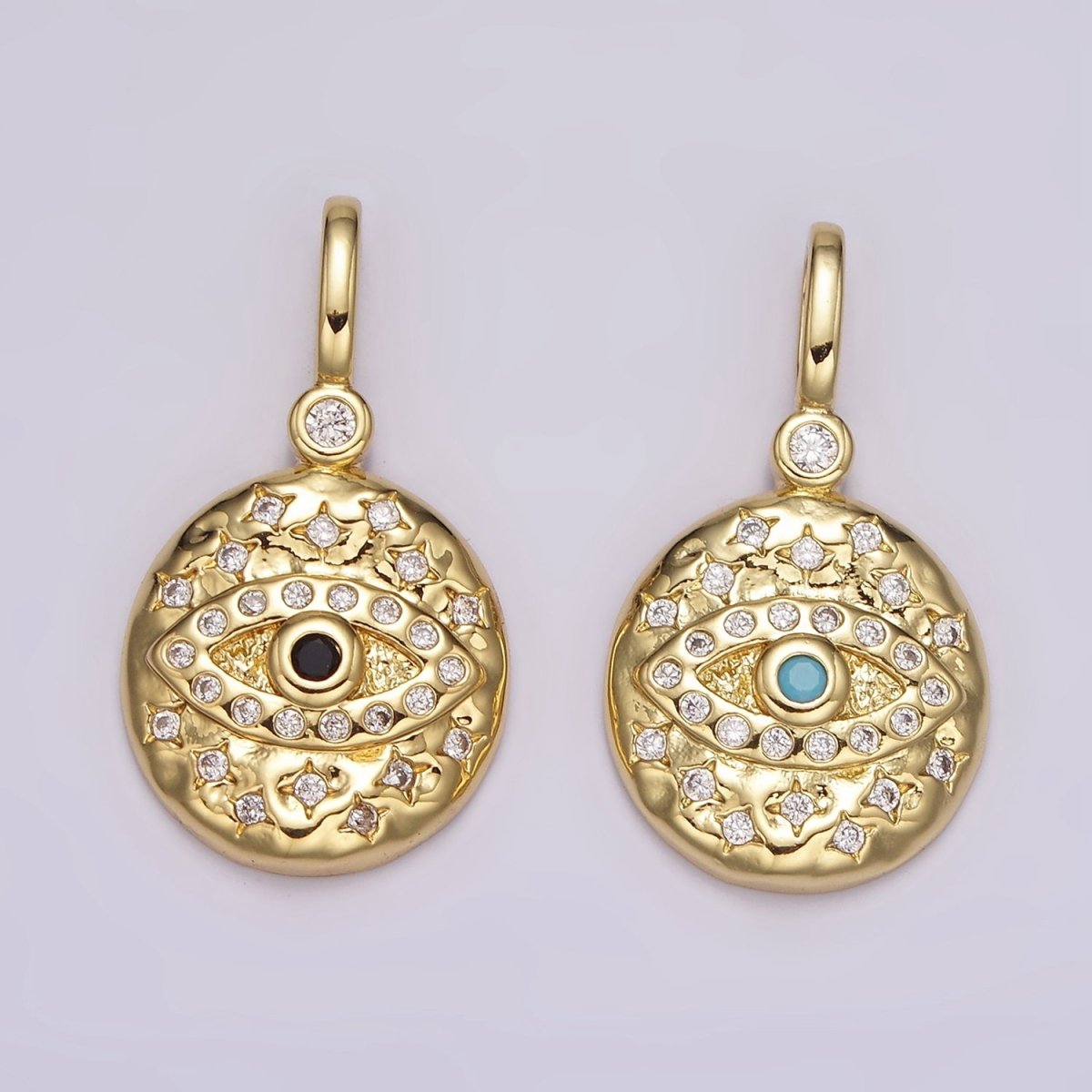 14K Gold Filled Turquoise, Black CZ Evil Eye Celestial Star Hammered Round Pendant | AH085 AH086 - DLUXCA