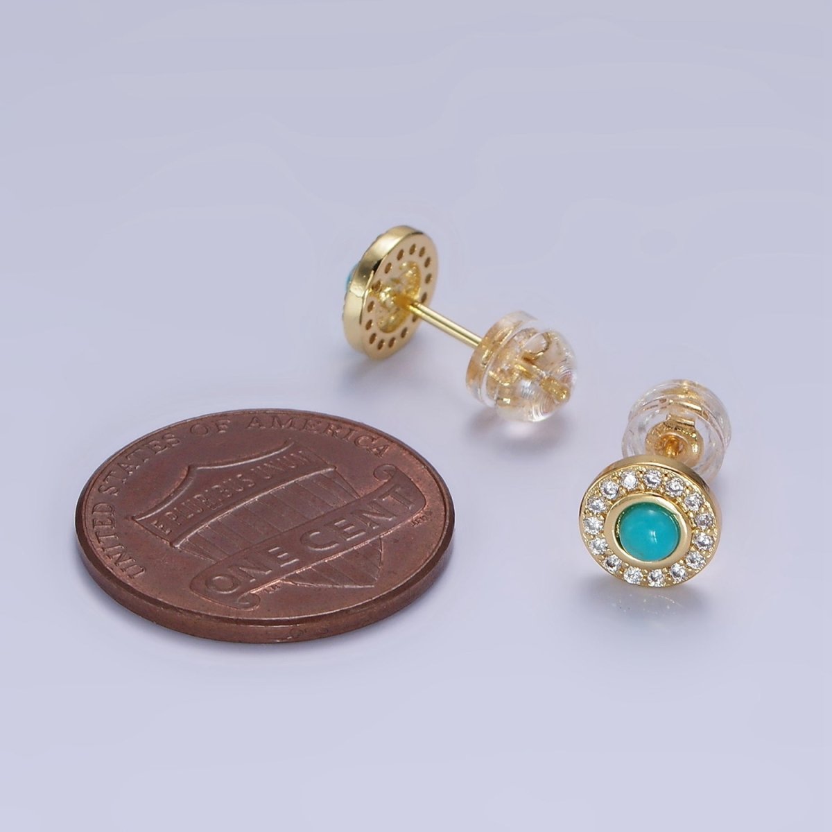 14K Gold Filled Turquoise Clear CZ Micro Paved Round Stud Earrings | P472 - DLUXCA
