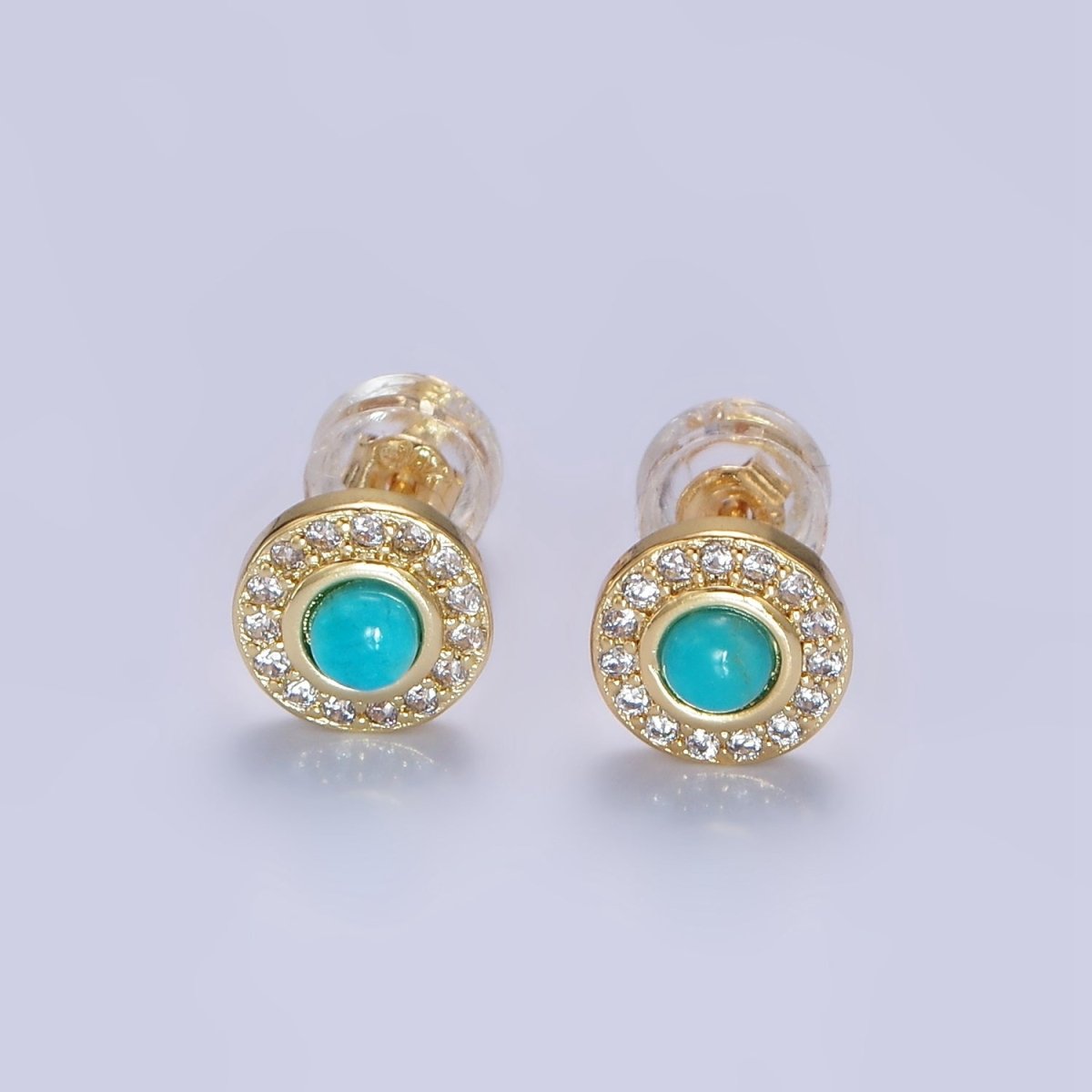 14K Gold Filled Turquoise Clear CZ Micro Paved Round Stud Earrings | P472 - DLUXCA