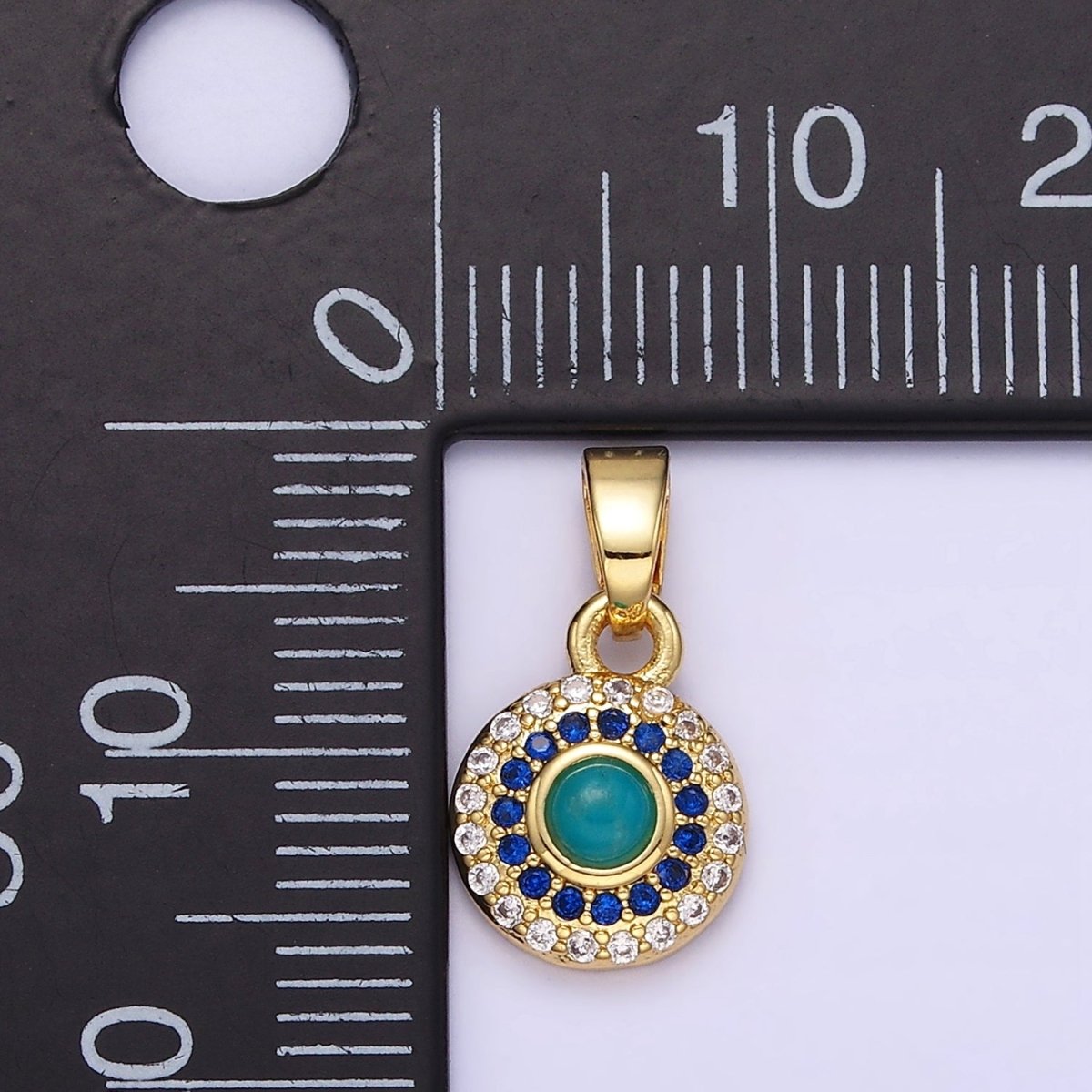 14K Gold Filled Turquoise Gemstone Micro Paved CZ Round Pendant | AH161 - DLUXCA