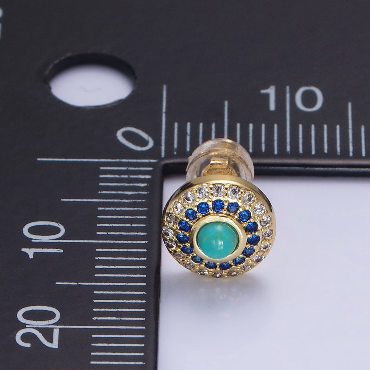 14K Gold Filled Turquoise Gemstone Micro Paved CZ Round Stud | P473 - DLUXCA