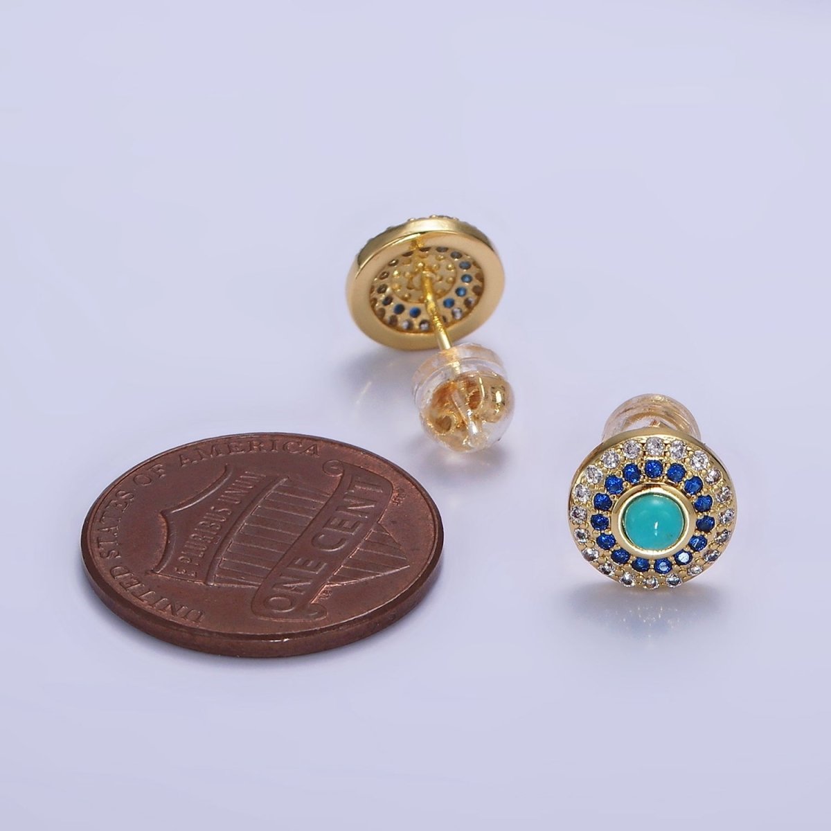 14K Gold Filled Turquoise Gemstone Micro Paved CZ Round Stud | P473 - DLUXCA