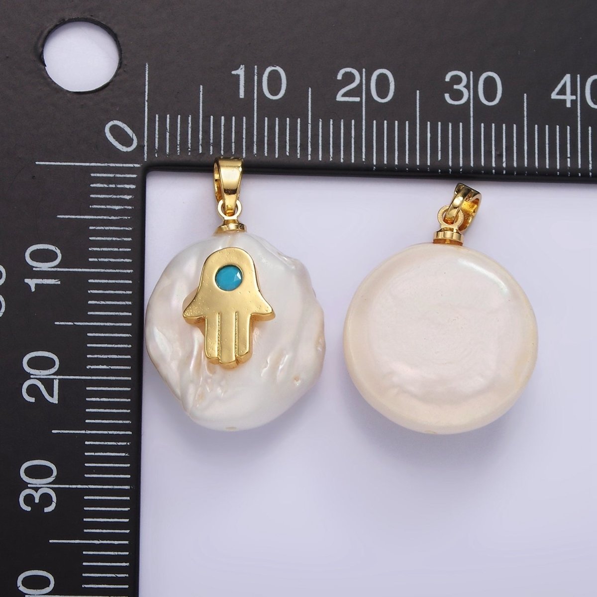 14K Gold Filled Turquoise Hamsa Hand Freshwater Pearl Pendant | AA1115 - DLUXCA