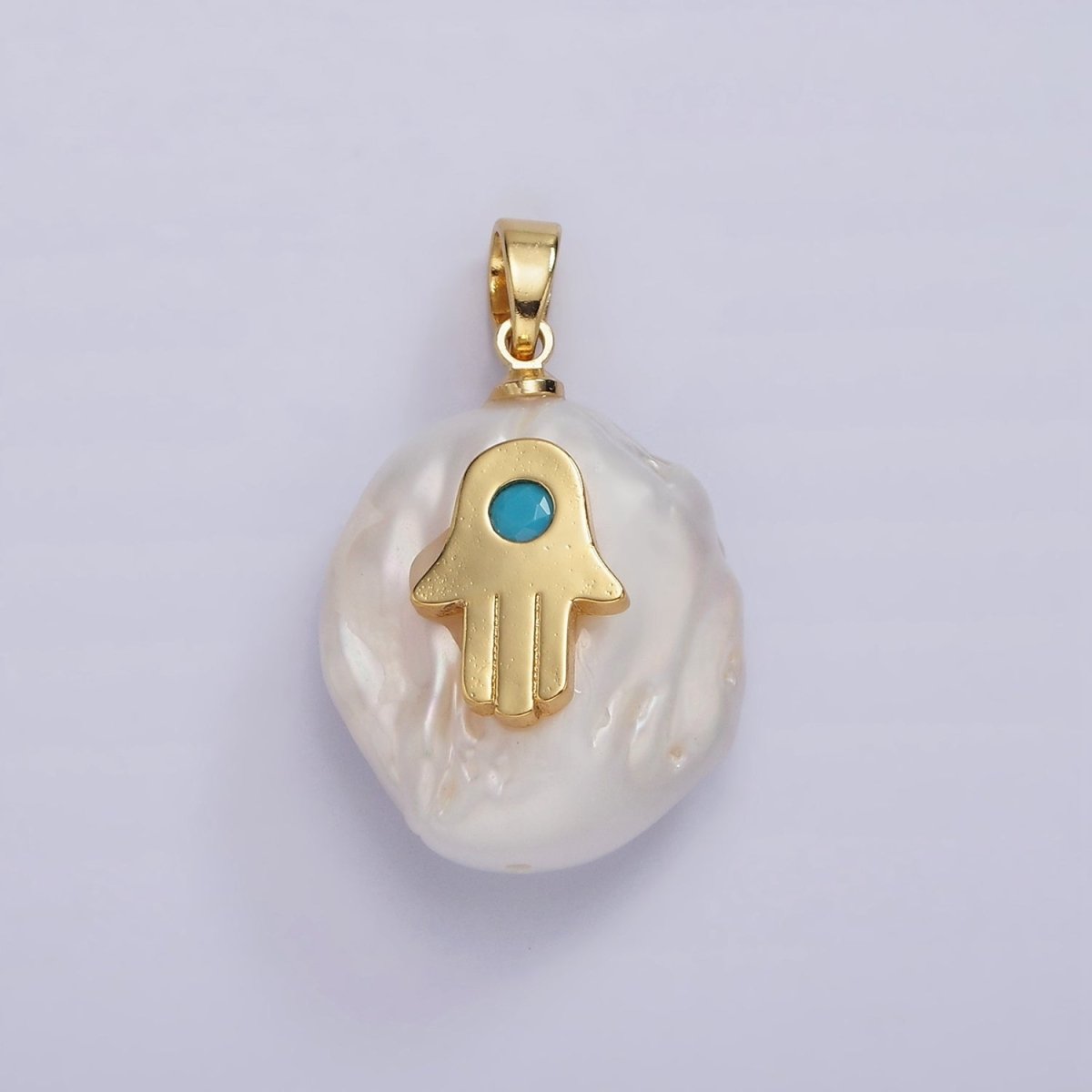 14K Gold Filled Turquoise Hamsa Hand Freshwater Pearl Pendant | AA1115 - DLUXCA