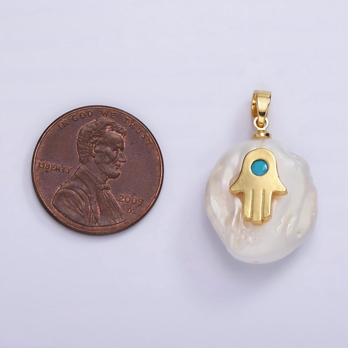 14K Gold Filled Turquoise Hamsa Hand Freshwater Pearl Pendant | AA1115 - DLUXCA