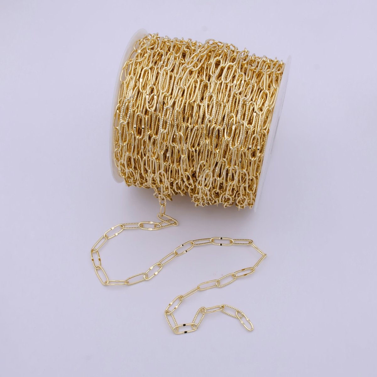 14K Gold Filled Unique Unfinished Chain, Wholesale Sunburst & Textured Paper Clip Chain by Yard, 14.5X5.5mm Paperclip Chain | ROLL-712 - DLUXCA