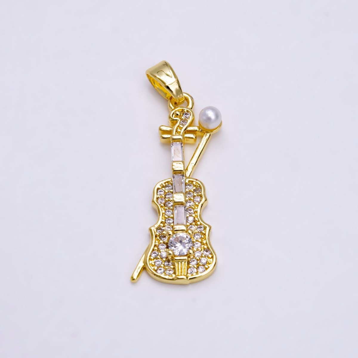 14K Gold Filled Violin Music Instrument Pearl Clear Baguette Micro Paved CZ Pendant | N1458 - DLUXCA