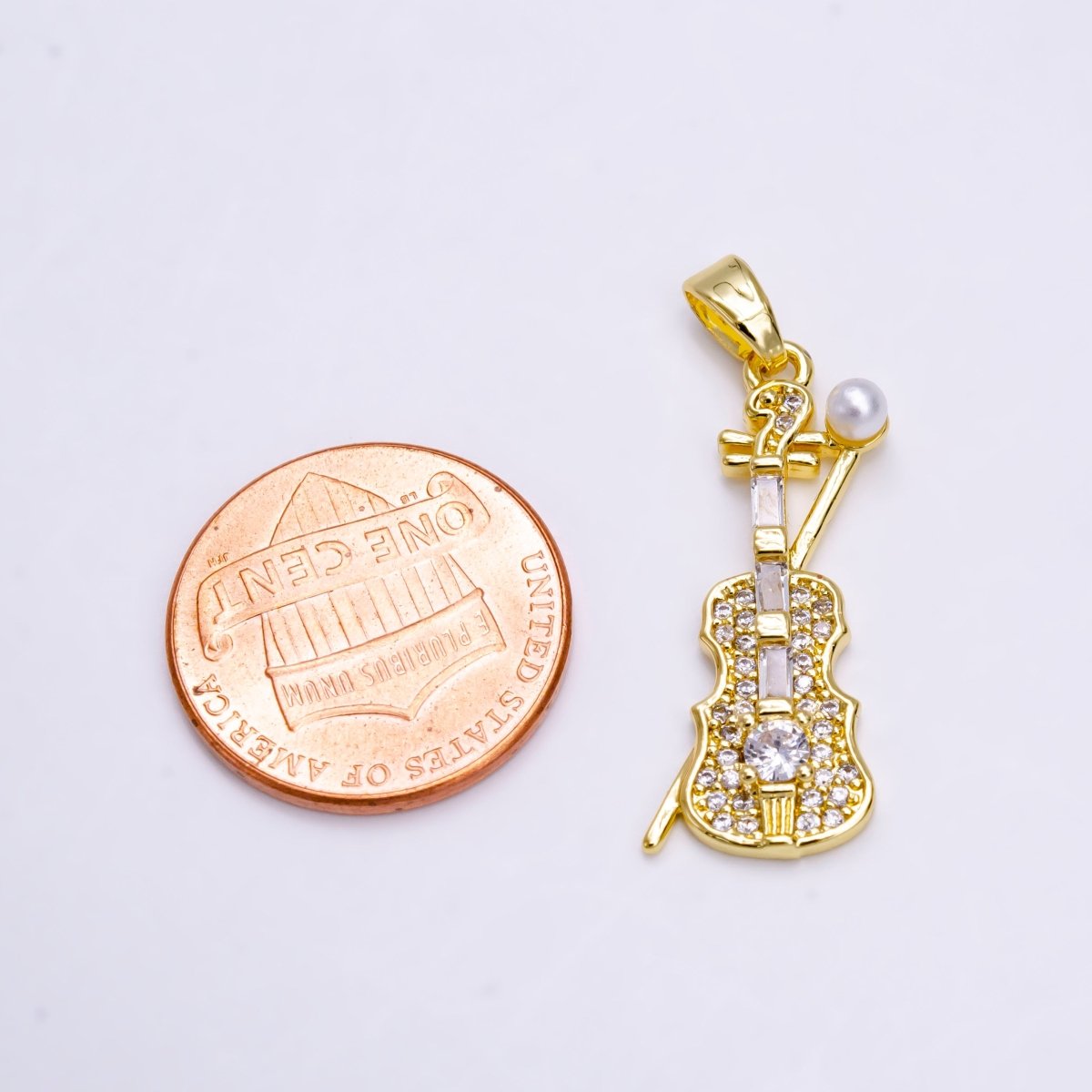 14K Gold Filled Violin Music Instrument Pearl Clear Baguette Micro Paved CZ Pendant | N1458 - DLUXCA