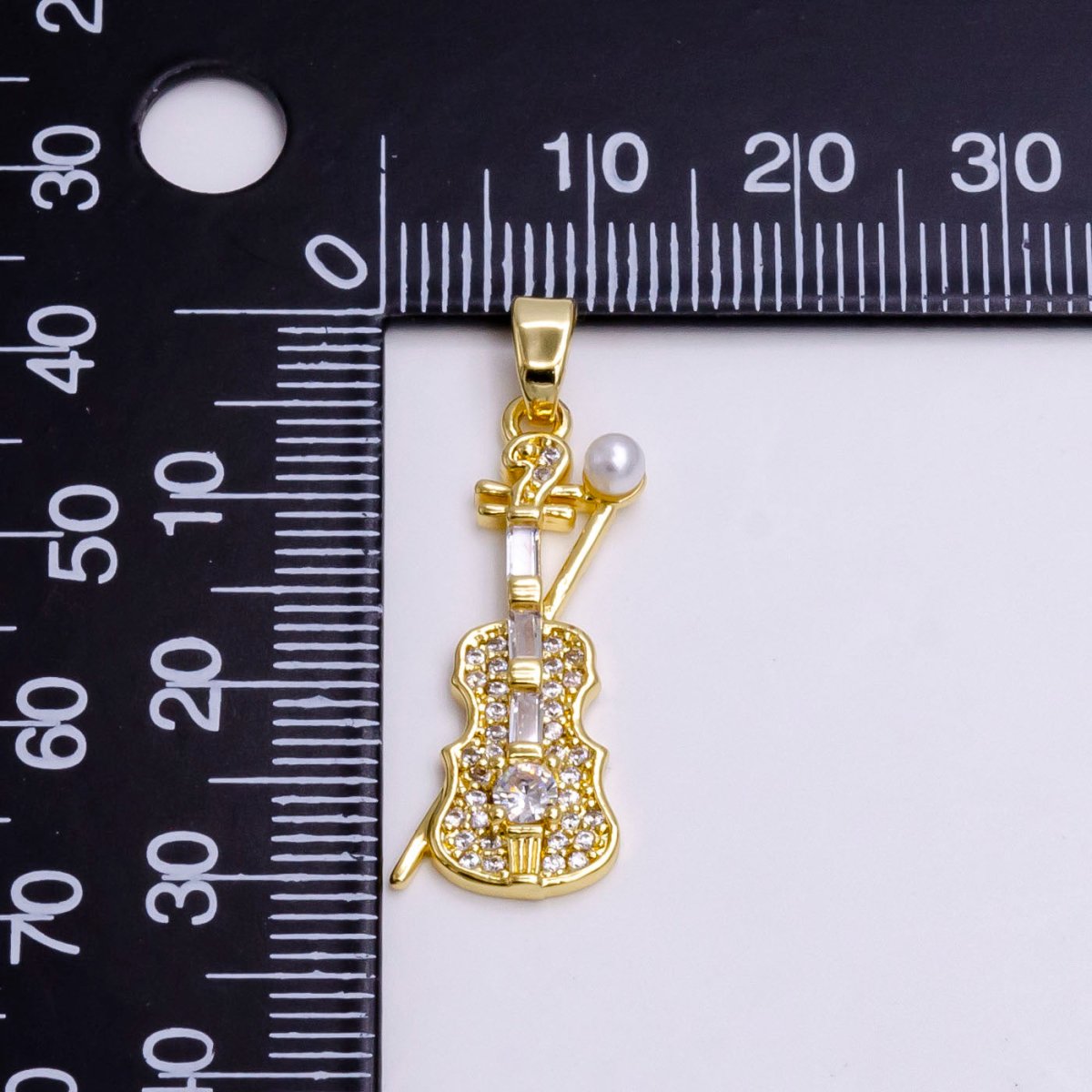 14K Gold Filled Violin Music Instrument Pearl Clear Baguette Micro Paved CZ Pendant | N1458 - DLUXCA