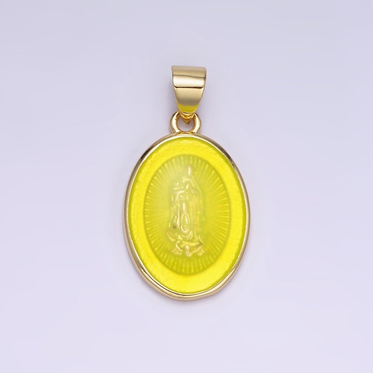 14K Gold Filled Virgin Mary Colorful Resin Oval Medallion Charm Lady Guadalupe Pendant AA-1140 - DLUXCA
