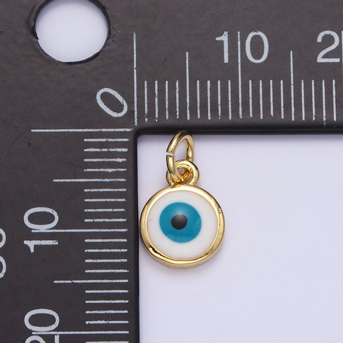 14K Gold Filled White, Blue Evil Eye Enamel 8mm Round Charm | N-1023 N-1024 - DLUXCA