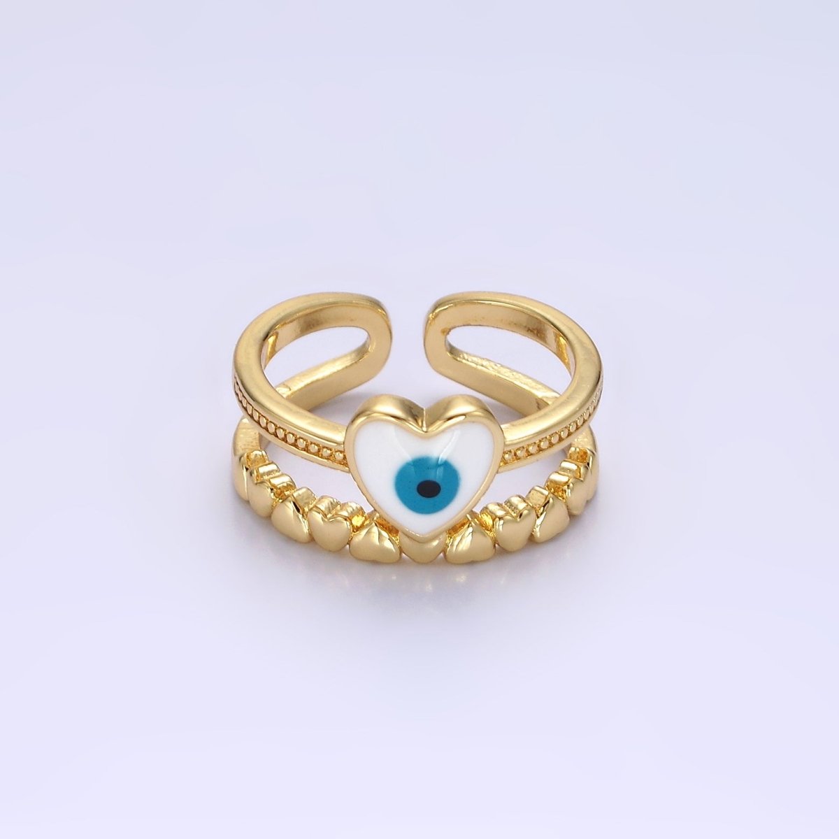 14K Gold Filled White, Blue Evil Eye Heart Beaded Double Band Ring | O-582 O-583 - DLUXCA