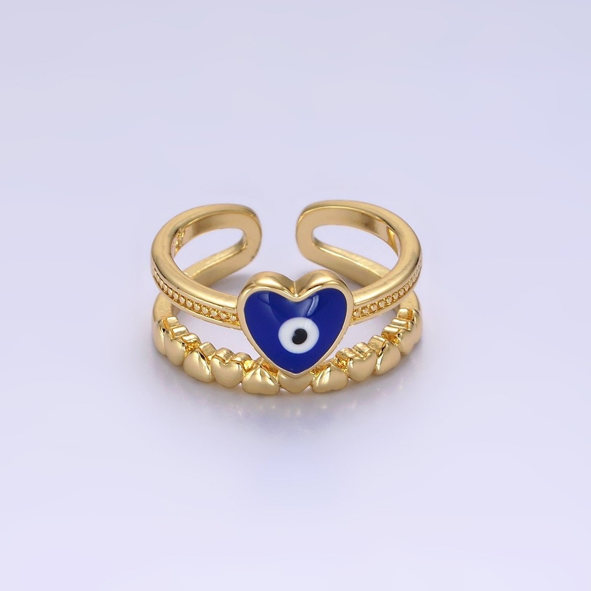 14K Gold Filled White, Blue Evil Eye Heart Beaded Double Band Ring | O-582 O-583 - DLUXCA