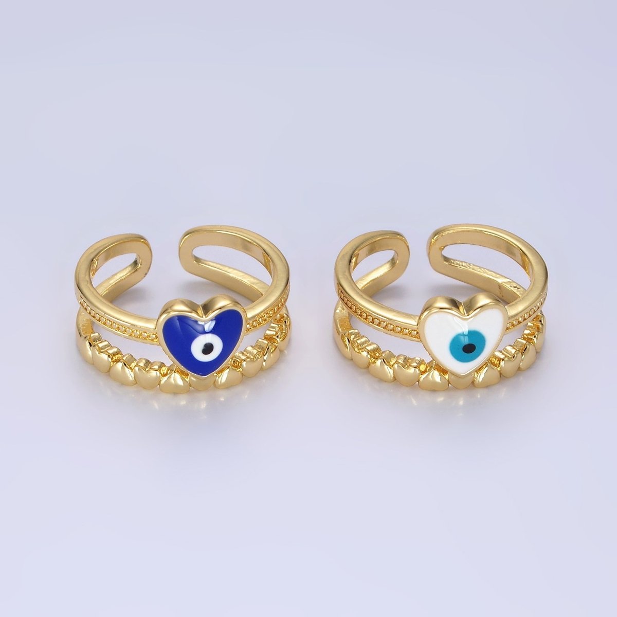 14K Gold Filled White, Blue Evil Eye Heart Beaded Double Band Ring | O-582 O-583 - DLUXCA