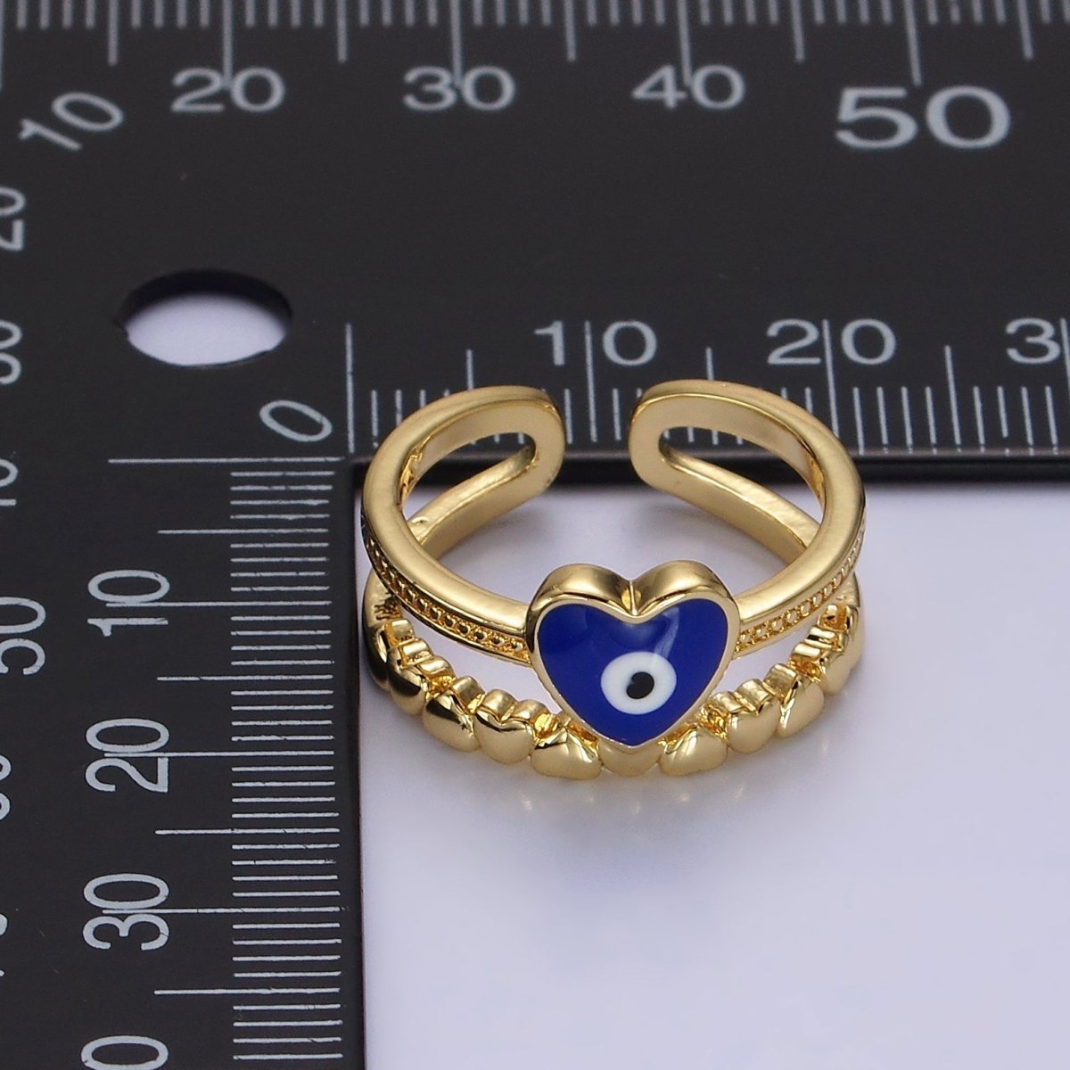 14K Gold Filled White, Blue Evil Eye Heart Beaded Double Band Ring | O-582 O-583 - DLUXCA