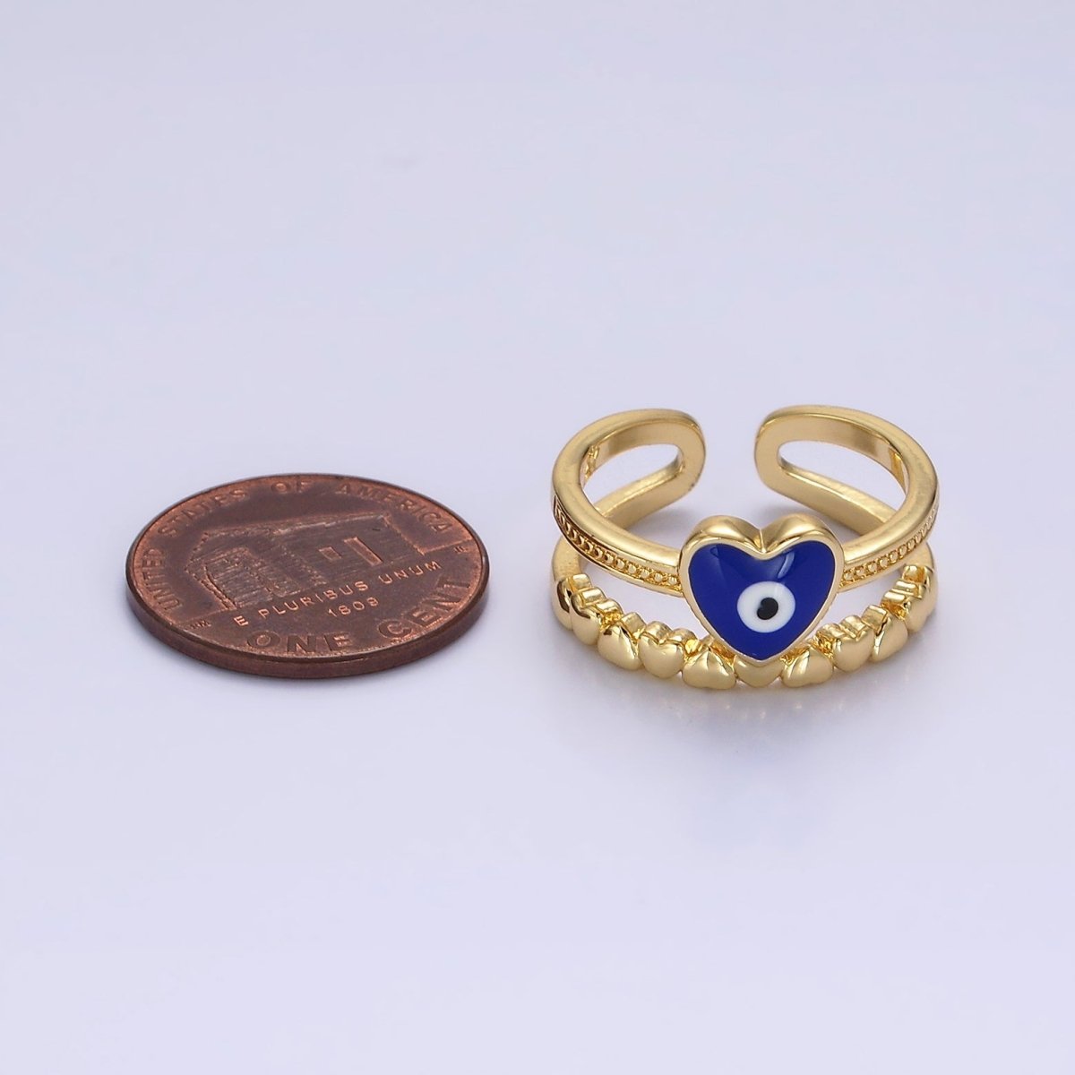 14K Gold Filled White, Blue Evil Eye Heart Beaded Double Band Ring | O-582 O-583 - DLUXCA