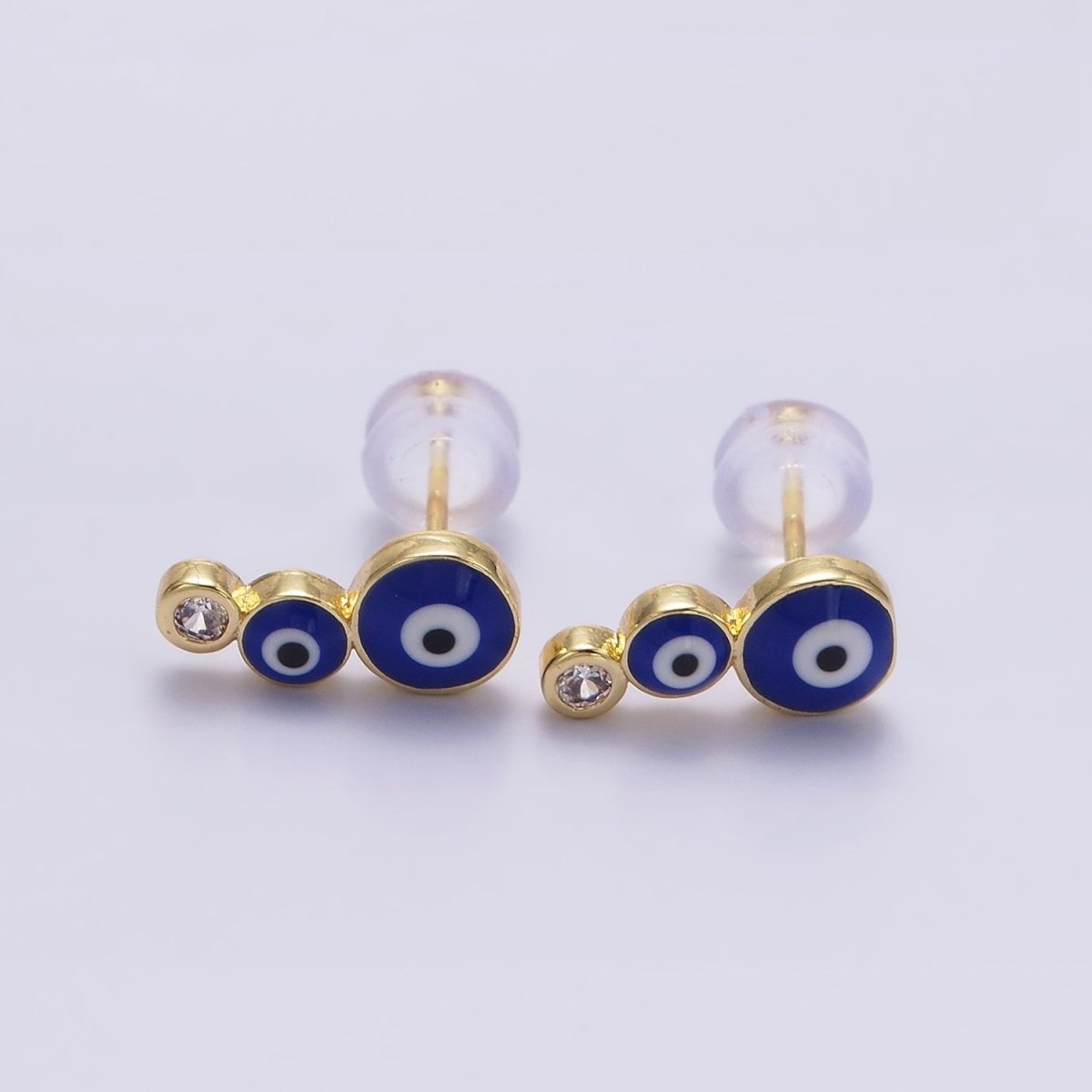 14K Gold Filled White, Blue Evil Eye Triple Bubble Clear CZ Stud Earrings | AE670 AE671 - DLUXCA