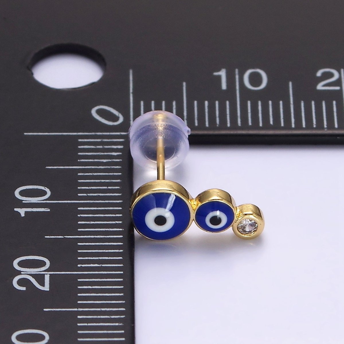 14K Gold Filled White, Blue Evil Eye Triple Bubble Clear CZ Stud Earrings | AE670 AE671 - DLUXCA