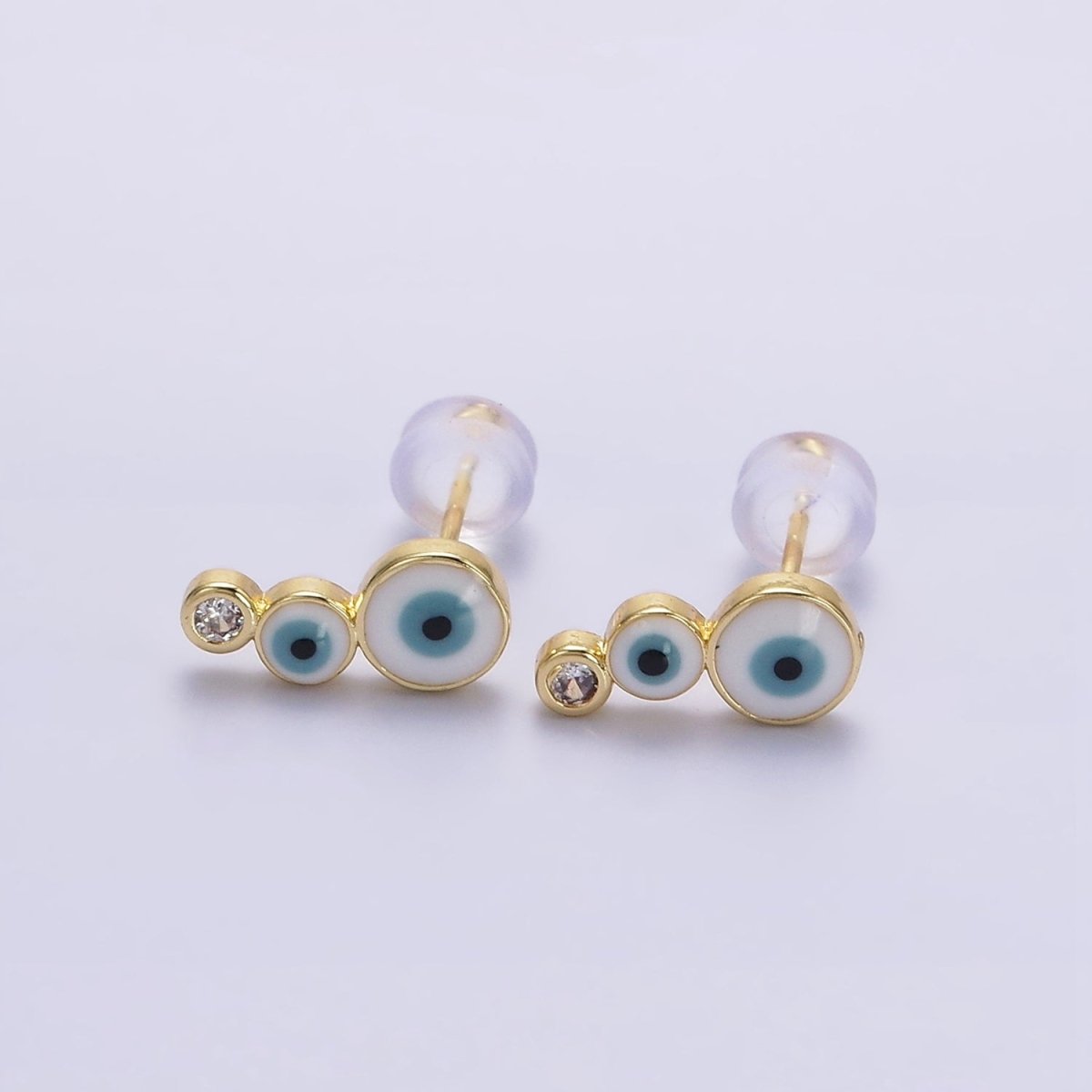 14K Gold Filled White, Blue Evil Eye Triple Bubble Clear CZ Stud Earrings | AE670 AE671 - DLUXCA