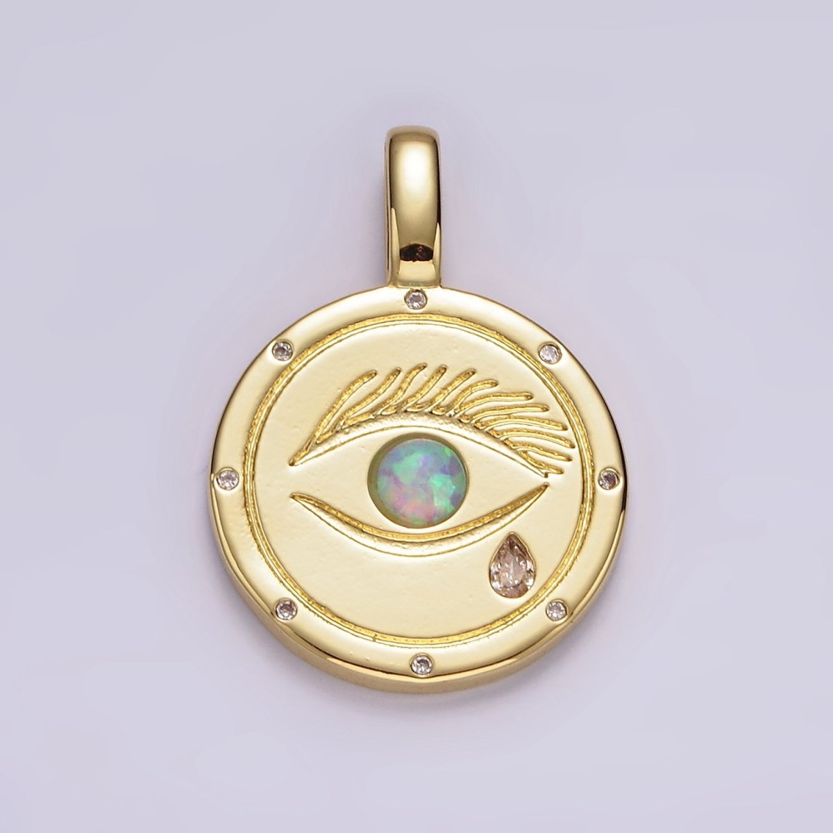 14K Gold Filled White, Blue Opal Eyes Teardrop CZ Dotted Outline Pendant | AH036 AH037 - DLUXCA