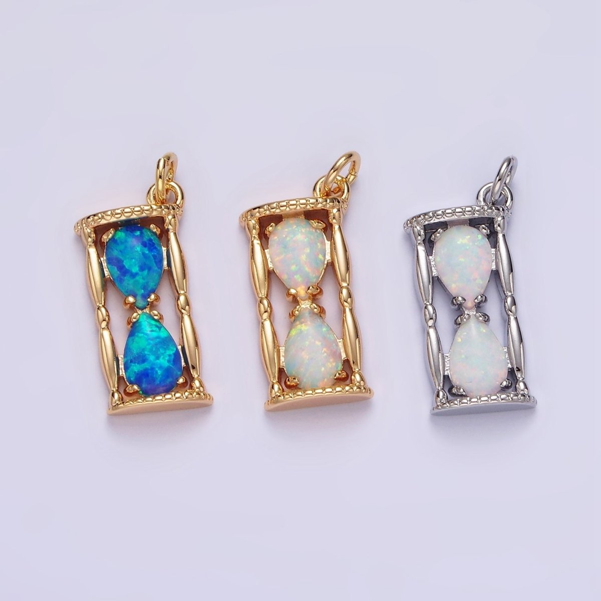 14K Gold Filled White, Blue Opal Hourglass Time Clock Charm in Silver & Gold | AC814 - AC816 - DLUXCA