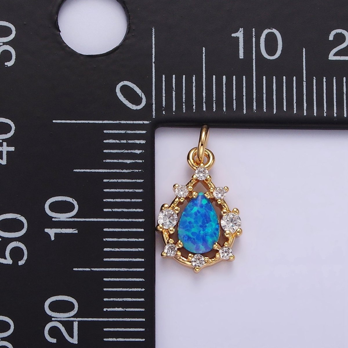 14K Gold Filled White, Blue Opal Teardrop CZ Dotted Outline Charm | AC817 AC818 - DLUXCA