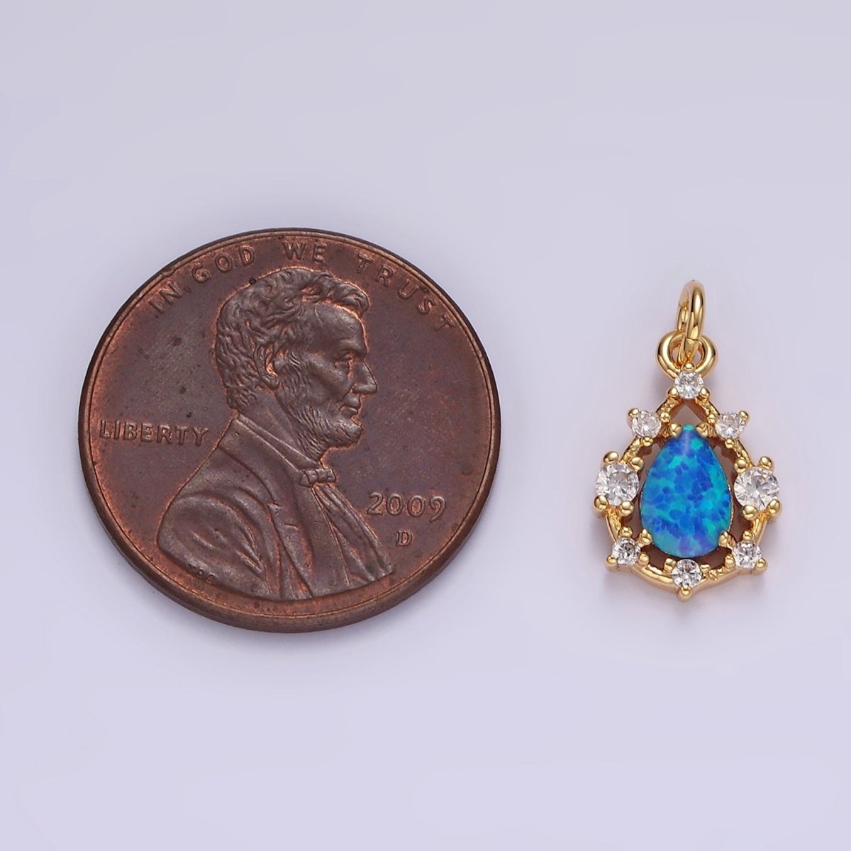 14K Gold Filled White, Blue Opal Teardrop CZ Dotted Outline Charm | AC817 AC818 - DLUXCA