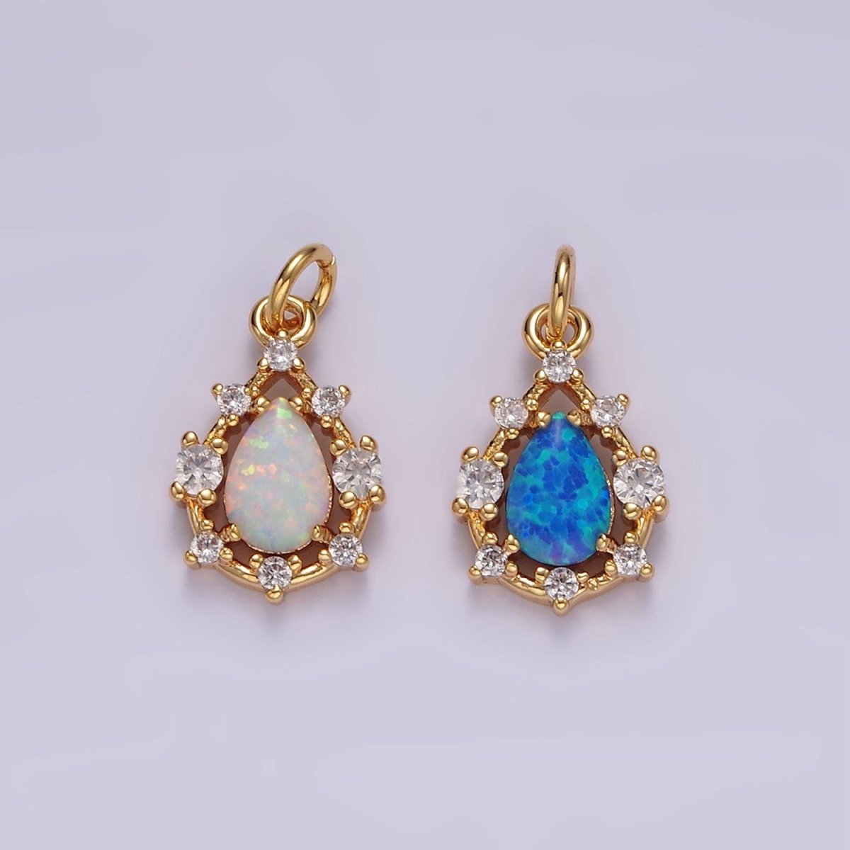 14K Gold Filled White, Blue Opal Teardrop CZ Dotted Outline Charm | AC817 AC818 - DLUXCA