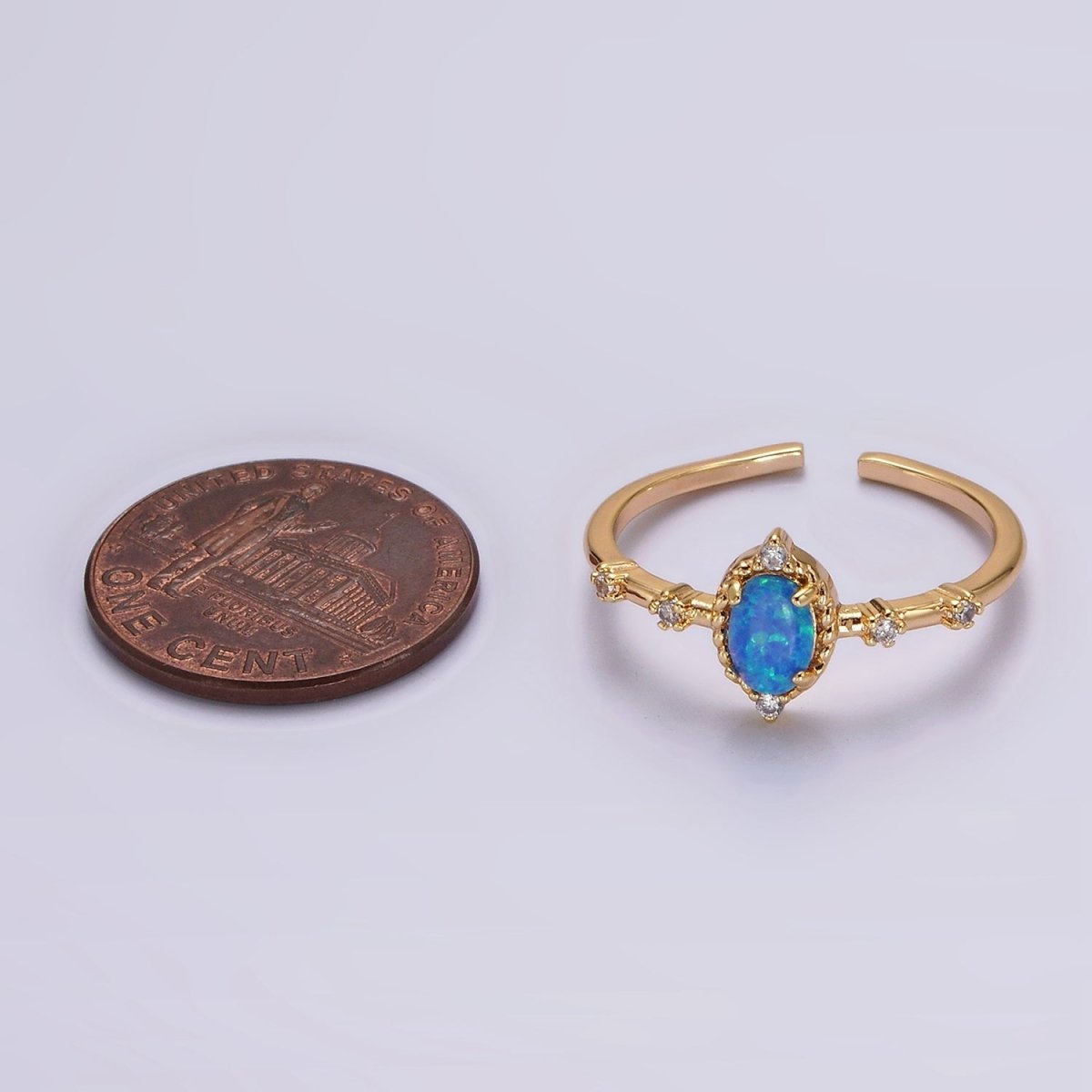 14K Gold Filled White, Blue Oval Opal CZ Ring in Silver & Gold | O1090 - O1093 - DLUXCA