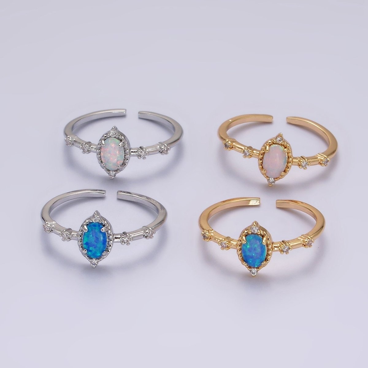 14K Gold Filled White, Blue Oval Opal CZ Ring in Silver & Gold | O1090 - O1093 - DLUXCA